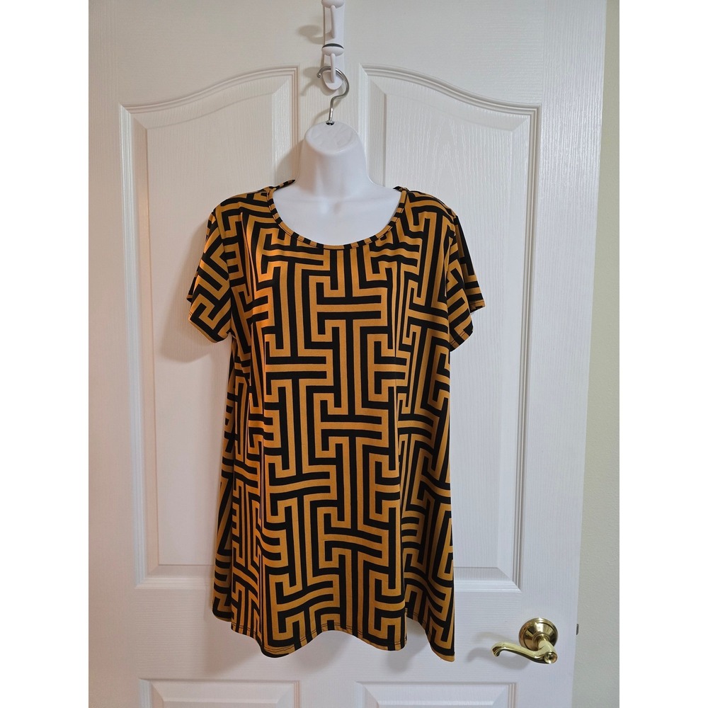 GEMSTONE PLUS 1X Geometric Print Short Sleeve Tunic Top Yellow Black /0310